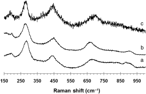 Figure 7. Raman spectra for titanium dioxide nanotube films synthesised with additional P25. (a) corresponds to sample C3 (after 10 h); (b), for sample C5 (after 24 h); (c) for sample C4 after annealing.