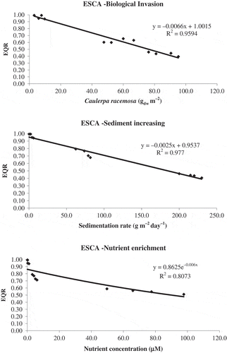 Fig. 3. Relationship between EQR determined by the ESCA index and values obtained for each of the stressors considered: (top) ESCA-Biological invasion, (middle) ESCA-Sediment increasing and (bottom) ESCA-Nutrient enrichment. Data are from destructive samples collected in the artificially manipulated habitats (Fig. 1) after one year of exposure to the stressors.