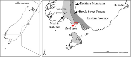 Figure 1. Location map with Riverton section field area boxed. Also shown are intrusive rocks of the Median Batholith, and the largely volcanic Brook Street Terrane (the western contact of the terrane is not exposed on this coast). Basement geology based on Turnbull and Allibone (Citation2003).