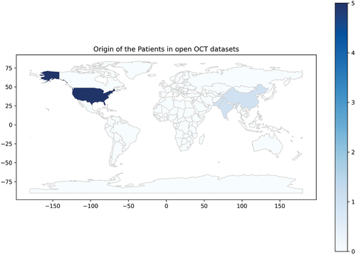 Figure 3. Distribution of patients in the OCT datasets per country. Map created adapting naturalearth_lowres’s layer using (c) 2013–2022, GeoPandas developers, an open-source python package created under the liberal terms of the BSD-3-Clause license.Citation21.