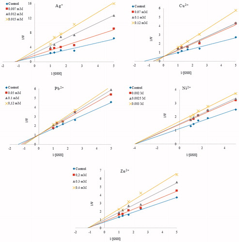 Figure 2. Lineweaver–Burk graph with five different substrate (GSH) concentrations and three different metal ions (Ag+, Cu2+, Pb2+, Ni2+, Zn2+) concentrations for determination of Ki.