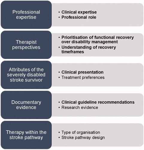 Figure 2. Thematic overview and factors guiding therapist decision making (bold indicates major factor).