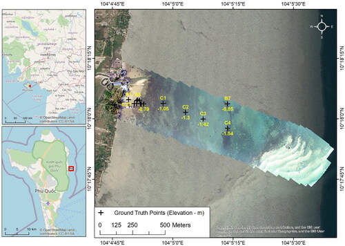 Figure 1. The study area, with captured UAV image on the background of a true colour image from high resolution satellite, with ground truth points and their elevation in meters.