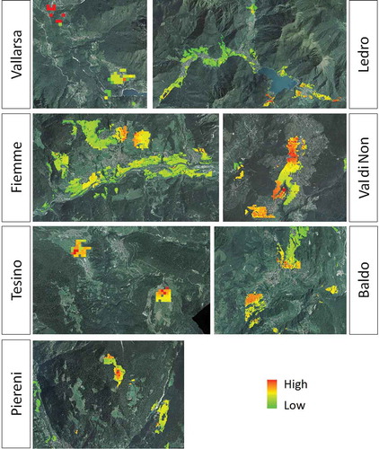 Figure 7. Spatial distribution of hotspots, i.e. areas characterized by high level of ES provision and biodiversity, in the seven study agricultural areas.