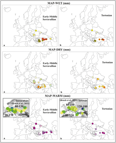 Figure 11. Precipitation of driest, wettest and warmest months in Europe and Anatolia: (a) Serravallian and (b) Tortonian (for detail legend see Figure 9).