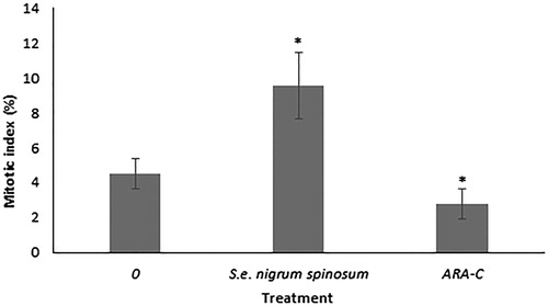 Figure 3. Mitotic index (MI) of bone marrow cells from healthy mice treated with the S. edule var. nigrum spinosum extract at a dose of 800 mg/kg. n = 20 mice per treatment. The data are presented as the means ± SDs; *indicates a significant difference (Tukey’s test, p ≤ 0.05).