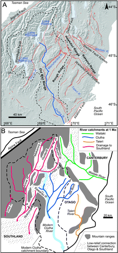 Figure 2  A, Shaded topographic image of southern South Island with principal rivers (blue) showing the Clutha River catchment boundary (dashed black line); the main stem of the Clutha River is enhanced in blue. Some of the principal faults that have affected topographic development are indicated with red lines (from Turnbull Citation2000; Forsyth Citation2001; Cox & Barrell Citation2007). Von-Ōreti River capture area (13A,C; Table 1) is indicated. B, Inferred middle Quaternary palaeodrainage geometry for the same region as depicted in A, derived from observations and references in Table 1. Rivers are colour-coded for different catchments. The present Clutha River main stem is shown in pale blue for comparison.