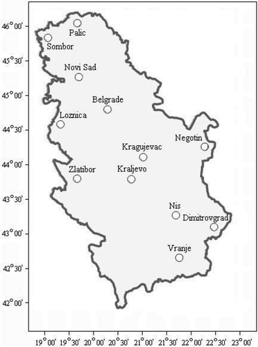 Fig. 1 Map of the spatial distribution of the 12 synoptic stations in Serbia.