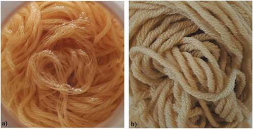 Figure 11. The coloration of merino wool yarns with cloves, a) Soaked in extract solution, and b) Dried