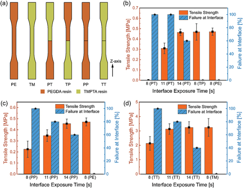 Figure 5. A) Different types of tensile specimens. PE stands for PEGDA resin specimen, TM stands for TMPTA resin specimen, PT stands for specimen with PEGDA-TMPTA interface (PEGDA was printed first), TP stands for specimen with TMPTA-PEGDA interface (TMPTA was printed first), PP stands for specimen with weakened PEGDA-PEGDA interface (went through material-exchange process), TT stands for specimen with weakened TMPTA-TMPTA interface. b) Effect of interface exposure time on tensile strength of PT and TP specimens. c) effect of interface exposure time on tensile strength of PP specimens. d) effect of interface exposure time on tensile strength of TT specimens. For (a), (b), (c), and (d): N = 5. Error bars represent standard deviation.