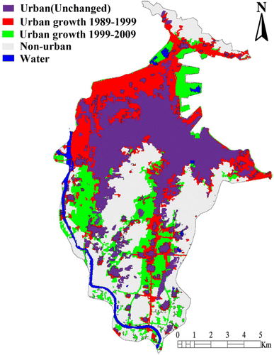 Figure 7. Urban growth from 1989 to 2009. Non-urban land cover types (agriculture, forest and extraction) that were converted to urban land from 1989 to 1999, and from 1999 to 2009 are highlighted in red and green, respectively.