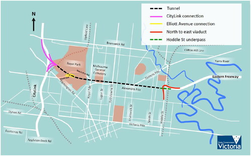 Figure 1. Base case designs solution of the East-West Link (Eastern Section), not including ancillary upgrades or the extension to the port. Central Melbourne is at the bottom centre of the map (Department of Transport Citation2013, 89). © State of Victoria, under the Creative Commons Attribution 4.0 Licence http://creativecommons.org/licenses/by/4.0/