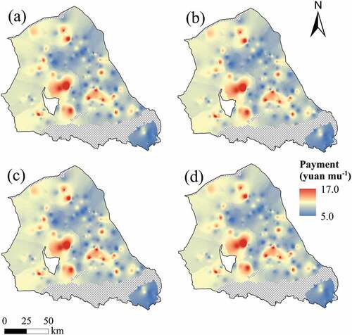 Figure 5. Maps of the spatial configuration of predicted conservation payment which herders expect for under different probability scenarios in Damao County (a: probability = 50%; b: probability = 75%; c: probability = 90%; d: probability = 95%). 1 ha = 15 mu.