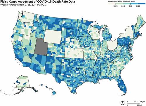Figure 9. Map of county-level Fleiss’ kappa agreement of death data between datasets from 3/15/2020 to 4/15/2021.