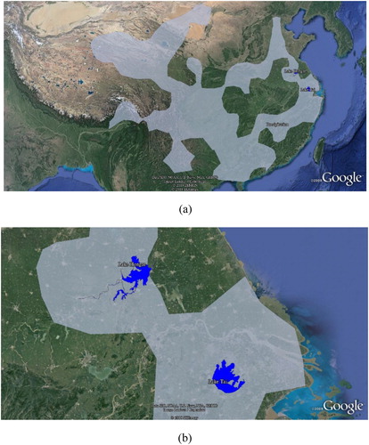 Figure 13. Distribution of two lakes and precipitation. (a) The globe view of the two lakes and precipitation. (b) The partial view of the two lakes and precipitation.