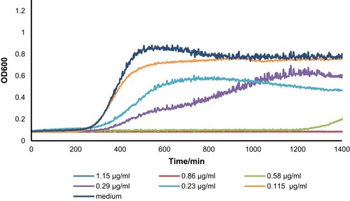 Figure 4 Bacterial growth inhibition curve for S. aureus up to 24 hrs against Amp-AuNPs-PEG-RNT with different ampicillin concentrations and medium-only (negative control). Values are mean±SD, N=3.Abbreviations: RNT, rosette nanotube; PEG, polyethylene glycol; AuNPs, gold nanoparticles.