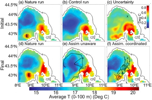 Figure 6. Initial 2-day averaged (21-23 August) temperature, averaged between the surface and 100 m depth, for the (a) nature run, (b) control run and (c) estimated uncertainty; and final (27-29 August) temperature for the (d) nature run, (e) cooperative unaware and (f ) coordinated glider fleet assimilated runs. The Corsica eddy location is marked by the letter E in (a) and (b). The glider trajectories are represented by fine black lines in panels (e) and (f).