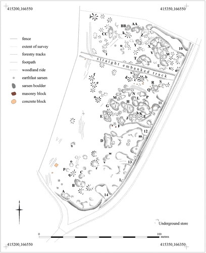 FIG. 17 Measured survey showing earthworks, stone pits and hollows, sarsen quarry infrastructure features, sarsen waste and other debris including concrete and masonry waste in Hursley Bottom, Wiltshire.