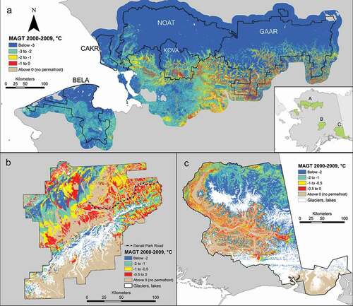 Figure 2. Mean annual ground temperatures (MAGT) at the top of the permafrost, from modeling by Panda, Marchenko, and Romanovsky (Citation2014a, Citation2014b, Citation2016). (a) The Arctic parks (see Figure 1 for the park acronyms). (b) Denali National Park and Preserve. (c) Wrangell–St. Elias National Park and Preserve.