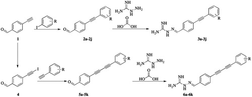 Scheme 1. The synthetic route of aminoguanidine-linked alkynyl derivatives.