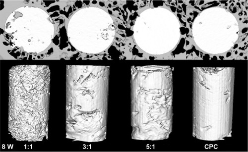 Figure 4 Reconstruction of the cross-sectional images of rabbit femur and residual material of the composite by micro-CT analysis at 8 weeks after the operation.Abbreviations: CT, computed tomography; CPC, calcium phosphate cement.