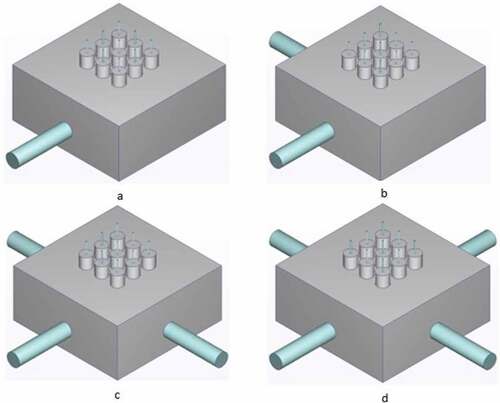 Figure 6. Four configurations of suction-outlet in 3 by 3 nozzle manifold