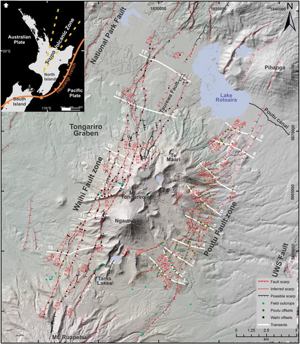 Figure 1. A, Location map of the Taupo Volcanic Zone in the North Island of New Zealand. B, Location of the Tongariro Graben and the Tongariro Volcanic Complex. Black and green dots represent 221 fault displacement measurements (117 Waihi Fault and 110 Poutu Fault) from geomorphic surfaces (see Table 1) on individual traces. Individual displacements have been added across seventeen transects on each fault. Transects are marked with white lines. Field outcrops are marked with blue dots. UWS, Upper Waikato Stream. For more details about displacements, field outcrops, lithology and surface ages see Gómez-Vasconcelos et al., Citation2017.