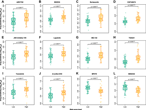 Figure 8 Prediction results of drug sensitivity tests in different PRS–score level subtypes from the TARGET cohort. Drug sensitivity was predicted for each case in the TARGET dataset. Ten therapeutic agents were found to show significantly greater sensitivity [lower log10(IC50)] in low PRS-score subpopulation: (A) AZD7762, (B) BEZ235, (C) bortezomib, (D) CGP-60474, (E) JNK inhibitor VIII, (F) lapatinib, (G) MG-132, (H) TGX221, (I) trametinib, (J) Z-LLNle-CHO. Two therapeutic agents were detected to indicate significantly greater sensitivity in high PRS-score subgroup: (K) MP470, (L) SB52334. ***p < 0.001.