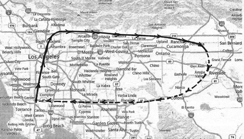Figure 2. Blimp flight on September 6, 1973, originating in Torrance at 1:15 p.m. (PDT). Solid path is the Lagrangian-like section; dashed path is the return to Torrance ending at 6:30 p.m. For additional details, including duration times, see Figure S2 (Hidy et al. Citation1974).