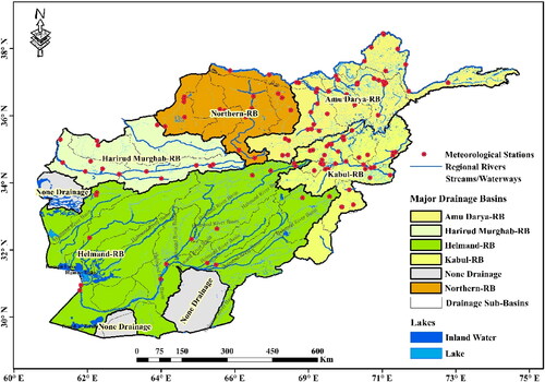 Figure 1. Locations of Afghanistan’s five major River Basins map, meteorological station, Kajaki Reservoir, Lakes, and inland water.