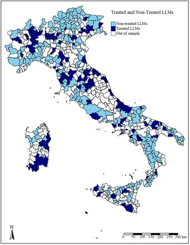 Figure 2. Geographical distribution of treated and not-treated LLMs.Notes: the blue areas are the treated LLMs, defined as LLMs which never recover in the years between 2008 and 2012. The light-blue areas are non-treated LLMs defined as LLMs less affected by the crisis. The white areas are LLMs out of sample, because they are units with RLLM,t,t+k greater or less than 5% and/or units affected by an earthquake with a magnitude greater than 5 in the Modified Mercalli Intensity scale.