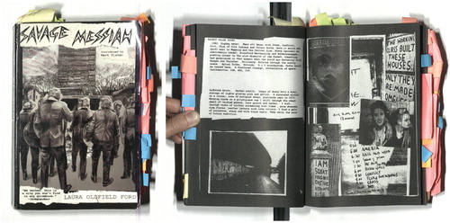 Figure 1. Cover of the authors’ copy of Savage Messiah compilation displaying Ford’s zine aesthetics of an embattled London and a sampling of interior pages building an acoustic world. Typewritten details of bands and memories are composed with collaged photos of punk band line-ups and squatters’ messages.