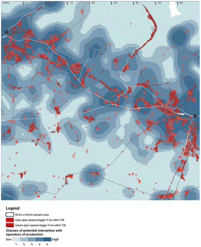 Figure 8. The relation of open spaces to the kernel density of operators of production as spatial proxy for the potential of interaction.