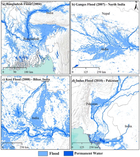 Figure 3. Mapping spatial distribution of major flood events in South Asia (a) 2004 Bangladesh flood; (b) 2007 Ganges flood in North India; (c) 2008 Kosi flood in Bihar, India and (d) 2010 Indus flood in Pakistan.