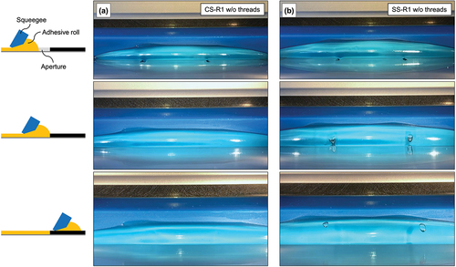 Figure 8. Image sequences of the squeegee process using a cleaned (a) and smeared stencil (b) to compare the formation of bubbles inside the adhesive roll when the squeegee (40 mm/s) passes through the line extremity.