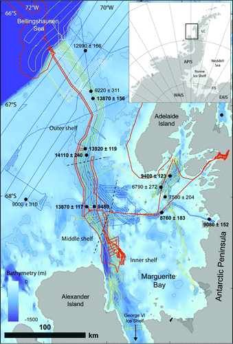Figure 1. Overview map of Marguerite Bay Ice Stream. Swath bathymetry tracks are as follows: dark blue line: NBP0201 RV/IB Nathaniel B. Palmer cruise tracks; yellow line: JR59; white line: JR71; and orange line: JR157 RRS James Clark Ross cruise tracks. Ages (in calibrated years before present, BP) derived from marine sediment cores (as per CitationLivingstone et al., 2012) are displayed with 1 sigma error and the dates in bold refer to the most reliable core dates (i.e. those derived from calcareous micro-(fossils) and not affected by iceberg turbation). Note that the dates suggest rapid retreat of the outer-mid shelf at ∼14 cal. ka BP, followed by a period of slower retreat through the mid shelf and then another phase of rapid retreat off the inner shelf ∼9 cal. ka BP (see CitationHeroy & Anderson, 2007; CitationKilfeather et al., 2011). APIS: Antarctic Peninsula Ice Sheet; EAIS: East Antarctic Ice Sheet; WAIS: West Antarctic Ice Sheet; LC = Larsen C Ice Shelf; FIS = Filchner Ice Shelf.