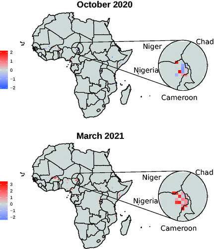 Figure 2. Forecasted log changes Δijts in fatalities to October 2020 (s = 2) and March 2021 (s = 7), focused on the border region between Nigeria, Niger, Cameroon, and Chad.