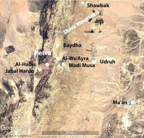 Figure 3 Location of sites in the Shawbak and the Petra regions mentioned in the text (copyright: Google Earth).