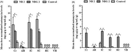 Figure 5. Mean dose normalized natamycin levels in rabbit ocular tissues from control, optimized natamycin bilosomes (NB 2) and bilosomes in situ gel (NBG 2) formulations, at (A) 2 h and (B) 6 h time point (mean ± SEM; n = 4). *– significantly different at p < .05. ND-not detected; Cr-Cornea; AH-Aqueous Humor; IC-Iris Ciliary Body; SC-Sclera; RC-Retina Choroid; VH-Vitreous Humor.