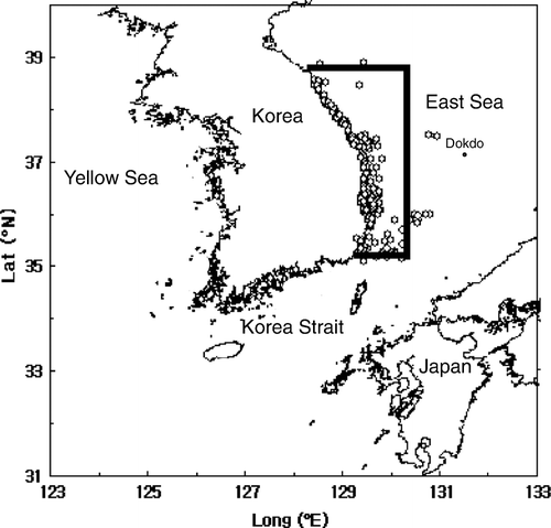 Figure 1.  Bycaught sites (circles) of minke whales in Korean waters. The survey block (thick line) depicts the sighting and bycatch survey area.