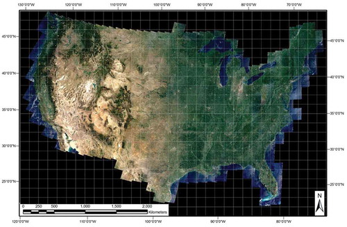 Figure 6. 30 m resolution annual Web-Enabled Landsat Data (WELD) image composite for the year 2006 (December 2005 to November 2006) of the conterminous U.S. (CONUS), radiometrically calibrated into top-of-atmosphere reflectance (TOARF) values. Depicted in true colors (red: Band 3, 0.63–0.69 μm; green: Band 2, 0.53–0.61 μm, and blue: Band 1, 0.45–0.52 μm), linearly stretched for visualization purposes. The white grid shows locations of the 501 WELD tiles of the CONUS. Each tile is 5000 × 5000 pixels in size, covering a surface area of 150 × 150 km. Pixels are geographically projected in the Albers Equal Area projection.