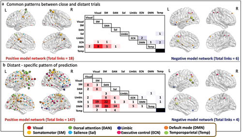 Figure 7. Shared and distant-specific patterns of prediction for CAT solving of close and distant trials. the positive (left) and the negative (right) predictive model networks are superimposed on a volume rendering of the brain with a lateral and medial views for (a) the common links between prediction models for solving CAT in close and distant trials, and (b) links that were uniquely found in prediction networks for solving CAT in the distant trials. For descriptive display purposes, the size of the nodes is proportional to their degree, and we indicate the highest degree nodes with arrows. The color of the nodes and arrows represent the functional network they belong to and are color coded as indicated at the bottom of the figure (brown frame). The matrix represents the number of links within the model network occurring within and between the eight intrinsic brain networks. In red colors are presented the number of links that belong to the positive network and in blue are the links of the negative network for the common (a) and distant-specific (b) networks. SM: somatomotor network, DAN: dorsal attention network, Sal: salience network, ECN: executive control network, DMN: default mode network, Temp: temporoparietal network.