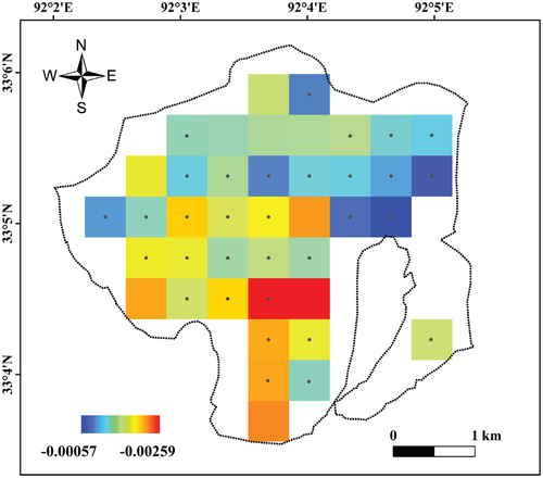 FIGURE 2. Spatial changes of inter-annual albedo for selected pixels during summer (June, July, and August) from 2002 to 2012. Stippled areas have trends that are not statistically significant above 90% confidence.