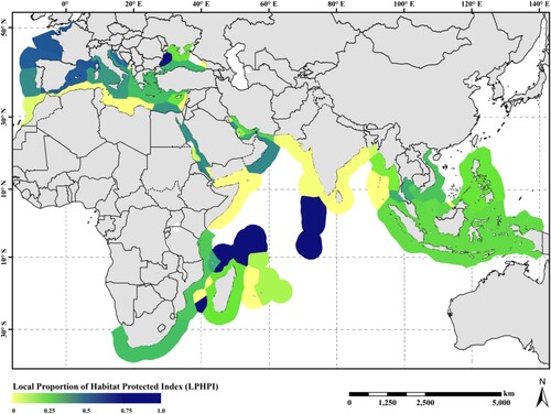 Figure 5. The Local Proportion of Habitat Protected Index (LPHPI) of MSR. It illustrates the extent of marine and coastal habitats covered by PCAs in a EEZ compared to the habitat extent, ranging from yellow (low value) to dark blue (high value). The index ranges from 0 (no coverage of PCAs) to 1 (100% coverage of PCAs).