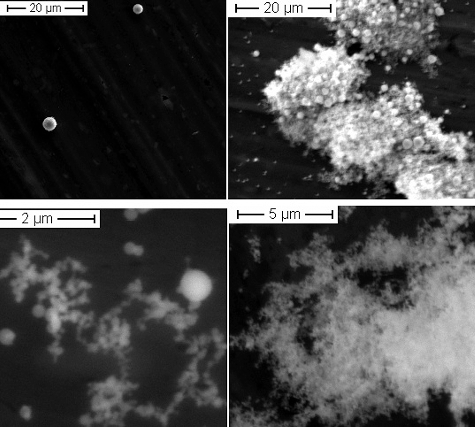 Figure 2. Examples of aerosols from the Co sample, showing the different types of particles: in the first stages (top left, with cut-off sizes 1.8 < AED < 18 μm), individual spherical particles were found; in stage 5 (top right, with a cut-off size of AED 1 μm), agglomerated particles were observed (a magnified image of these agglomerates is shown in the bottom-left frame). Nanometric agglomerates were found in the last stages 6–8 (bottom right, AED < 0.56 μm).