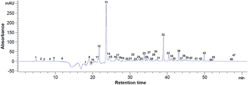 Figure 2. Chromatogram of the phenolic compounds at 320 nm from dried bilberry pomace. Peaks identification: 31 - p-coumaric acid, 35 - quercetin 3-glucoside, 42 - myricetin, 47 - quercetin, 1–30, 32–34, 36–41, 43–46 - unidentified compounds.