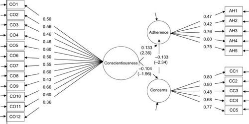 Figure 3 Standardized factor loadings (t-values) for the structural equation model, containing the conscientiousness (CO), concerns (CC), and adherence (AH) scales.