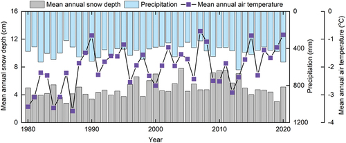 Figure 7. Mean annual snow depth, annual precipitation and mean annual air temperature changes in permafrost region in Northeast China from 1980 to 2020.