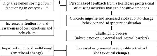 Figure 2. Intervention mechanisms explained through change pathways (based on the ‘Partner in Sight’ intervention elements for spousal carers of people with dementia). 1Findings from RCT; 2Findings from present study.