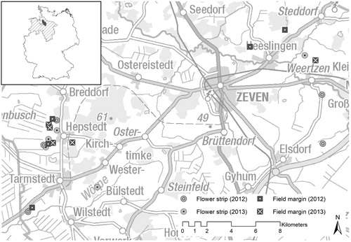 Figure 1. The study area, the district of Rotenburg (Wümme) (grey area in the overview map above left), is located in Lower Saxony (hatched area), Germany. The study sites are located in the vicinity of Zeven (data basis: GeoBasis-DE/BKG Citation2017; MU Nds. Citation2018).